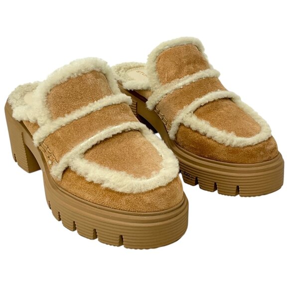 Stuart Weitzman Shoes - Stuart Weitzman Lennox Shearling Suede Mules New Camel US Size 6.5 B 30MM